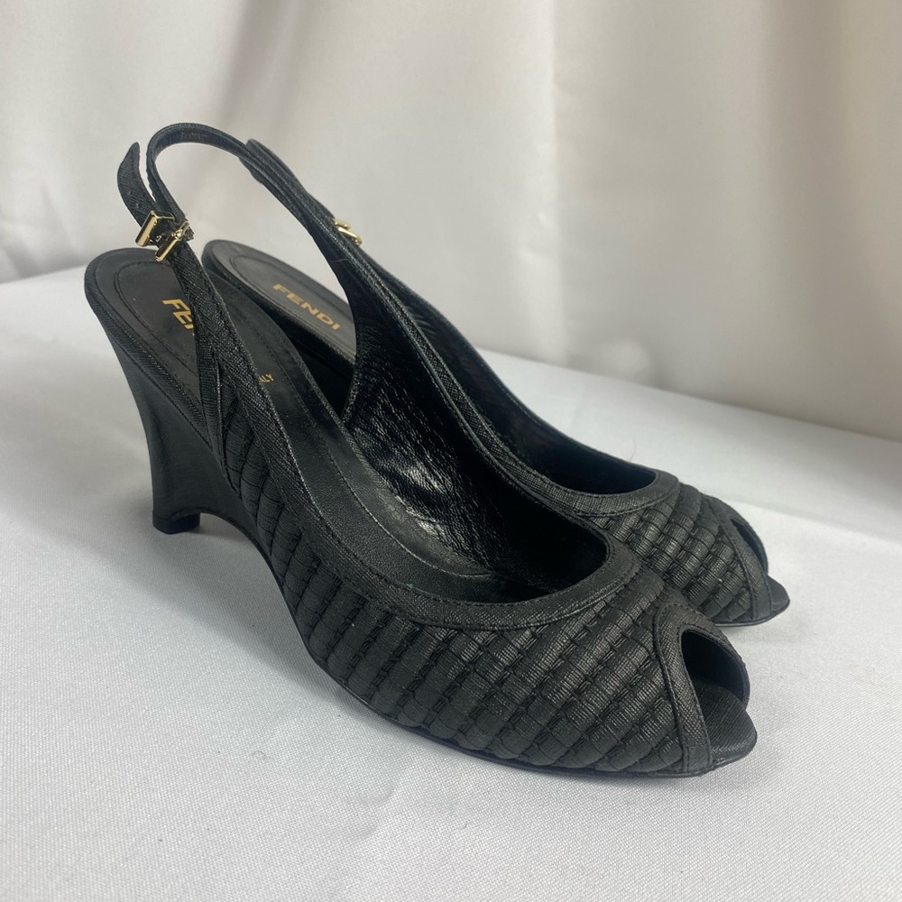 FENDI Peep Toe Zucca Wedge Heel Sandals Size 38.5